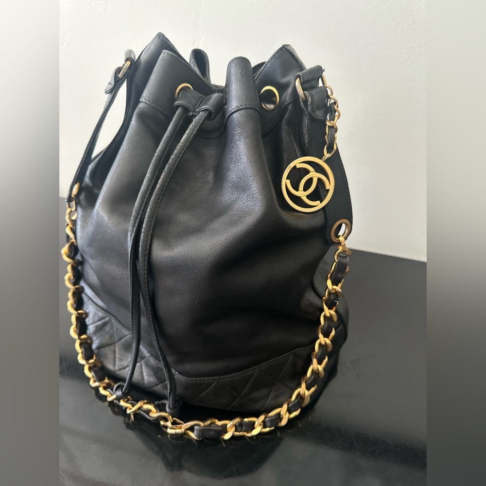 CHANEL Black Leather Bucket Bag with Gold Chain